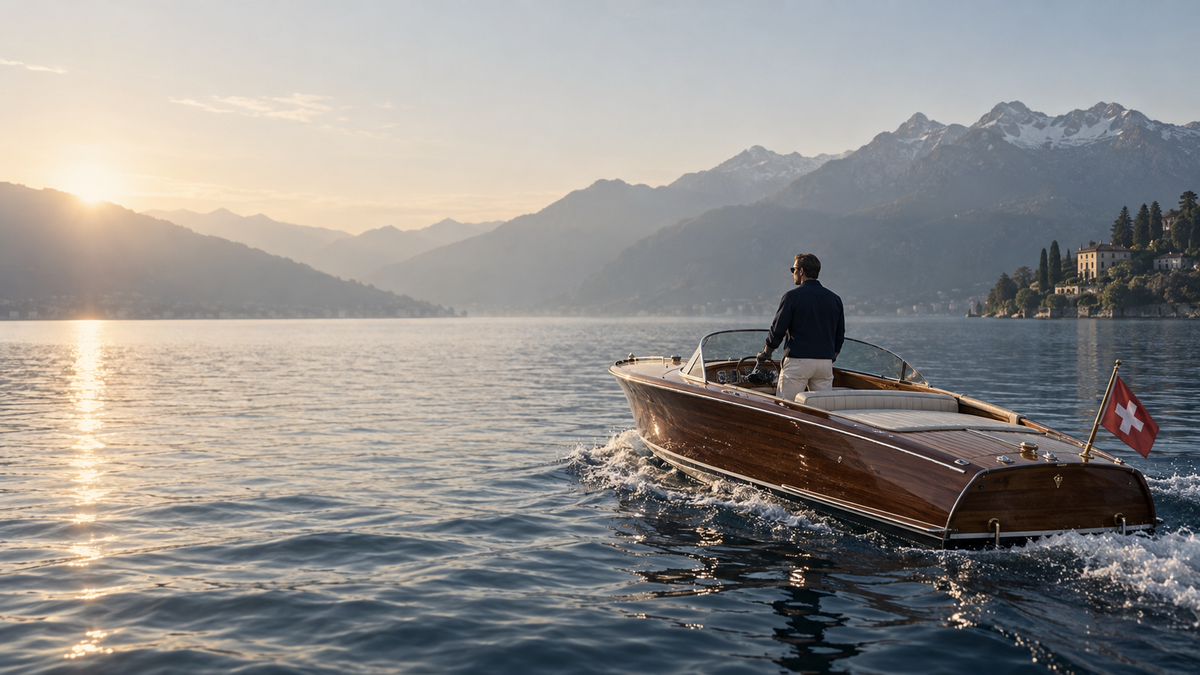 Klassisches Holzboot auf einem Schweizer See im Morgenlicht