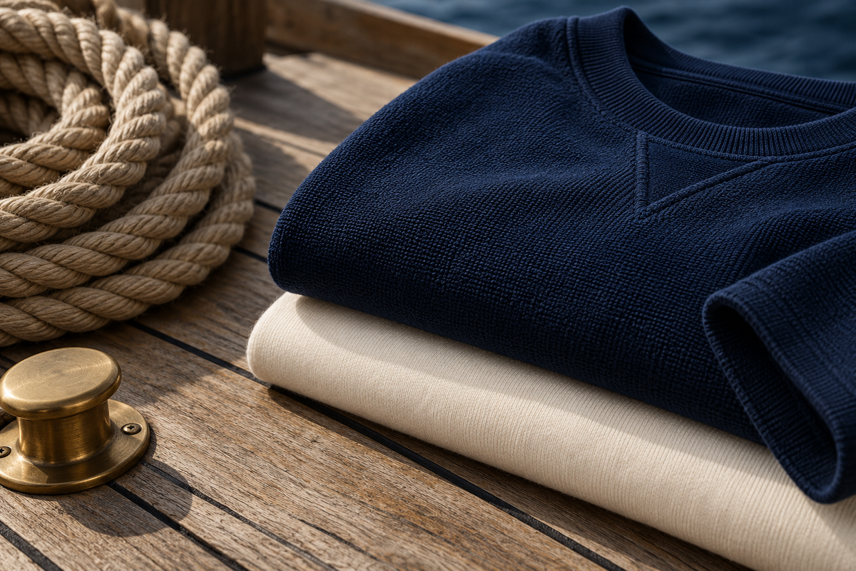 Navy- und cremefarbene Stoffe auf Teakholz